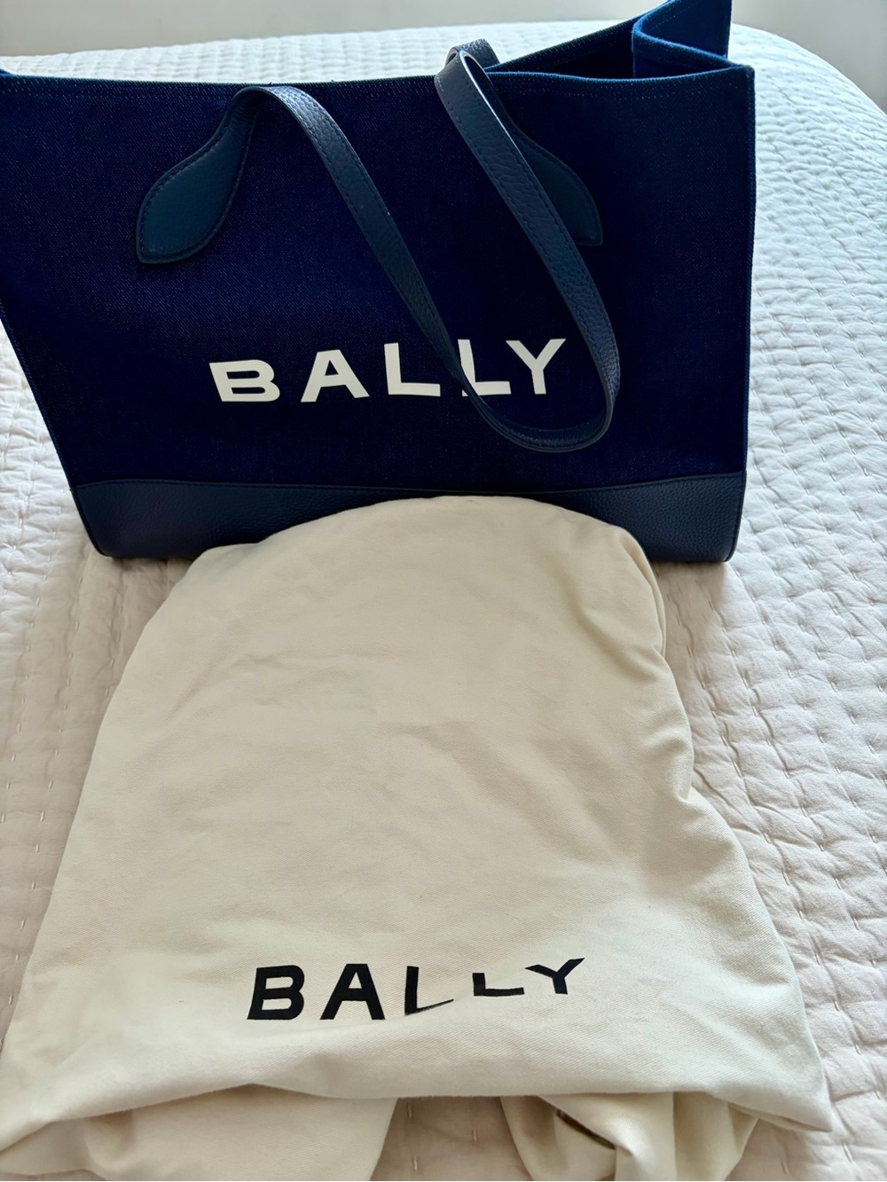 Bally Navy Blue Canvas leather logo tote